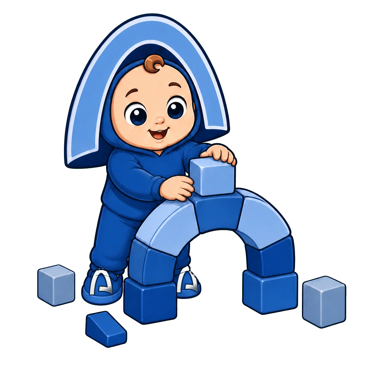 Archie building a rounded arch from blue blocks