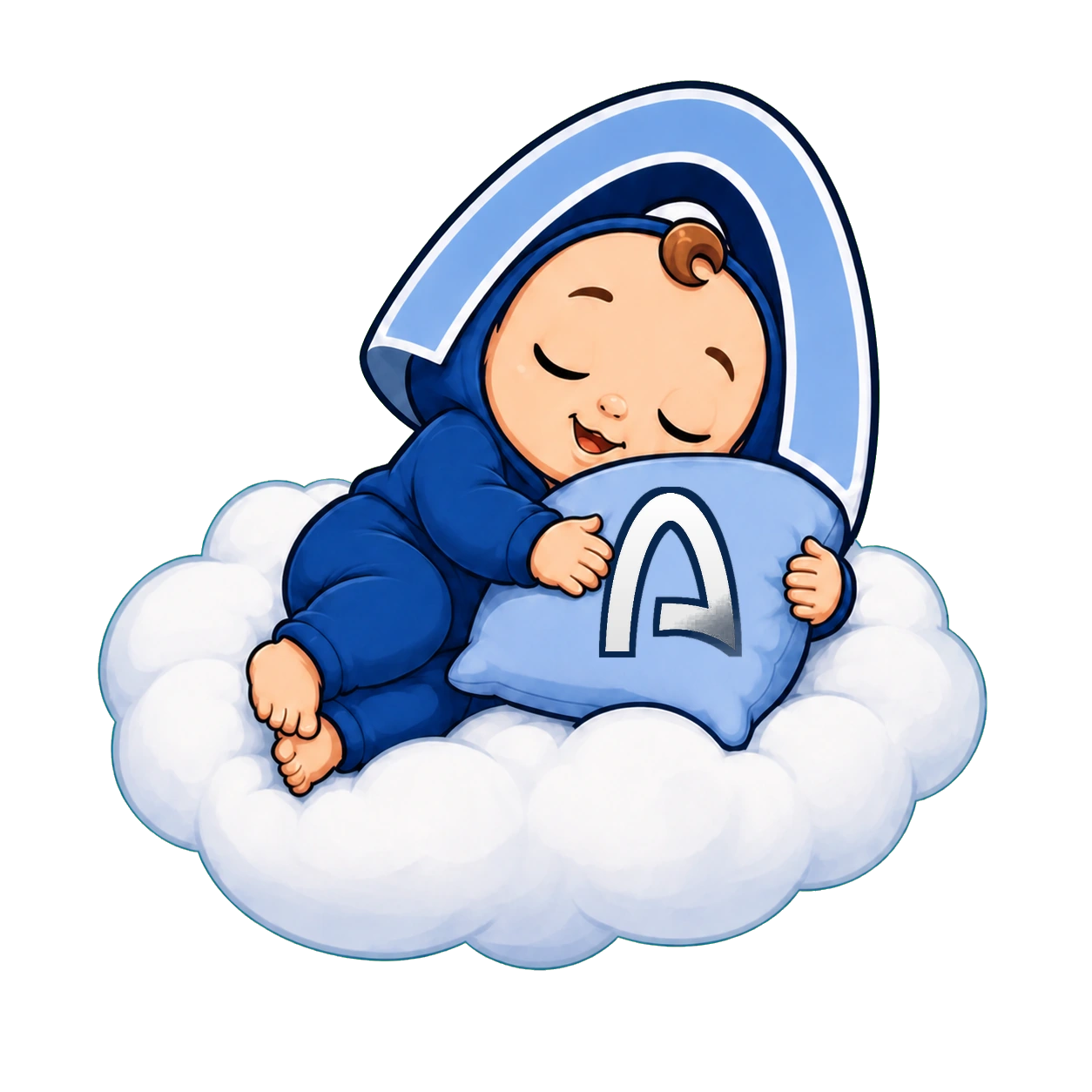 Archie sleeping on a cloud and hugging an Arc pillow